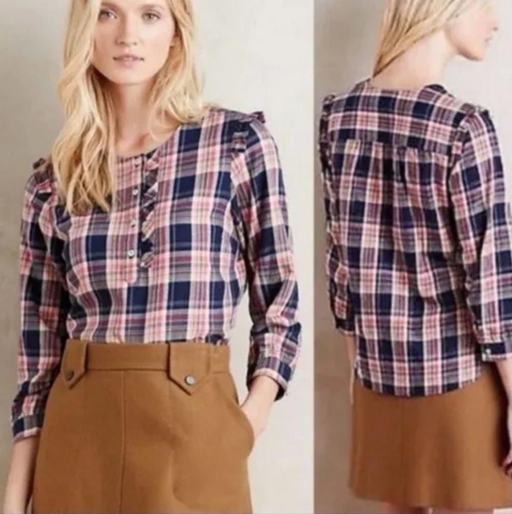 Anthropologie Isabella Sinclair Womens Plaid Flannel Pop Over Blouse SZ XS - Picture 2 of 16